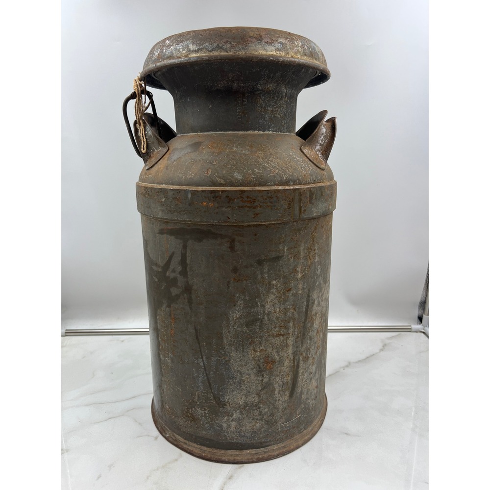 Antique Solar Metal Milk Can Vintage Farmhouse Dairy Jug with Lid Rustic Patina